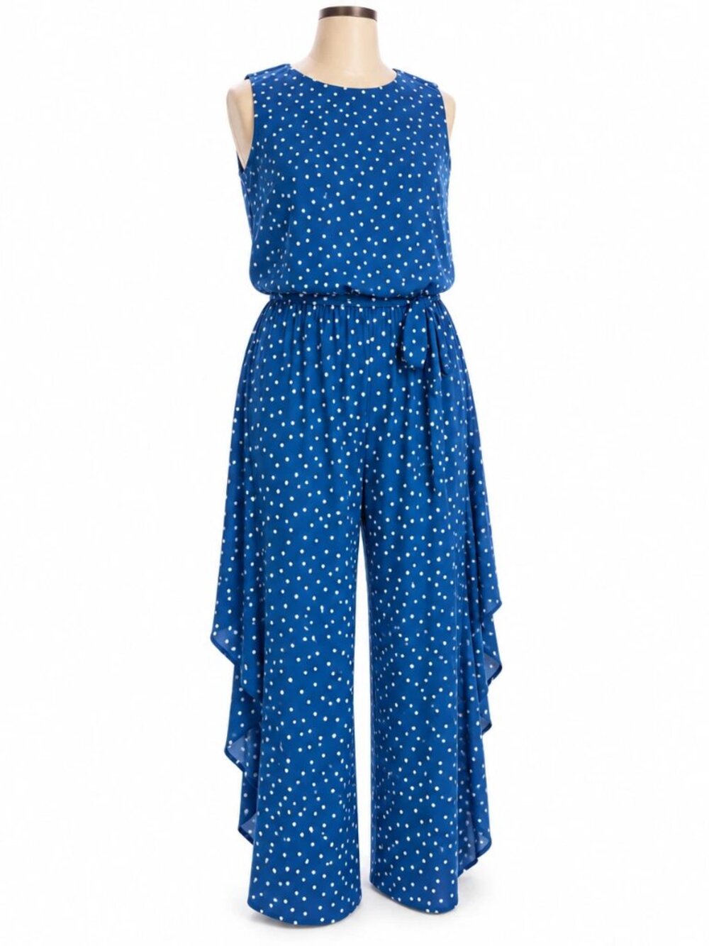 London Times Jumpsuit Womens 12 Blue White Polka Dot Wide Leg Flyaway Tie Waist